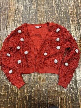 Red Textured Cropped Cardigan with White Pom Details